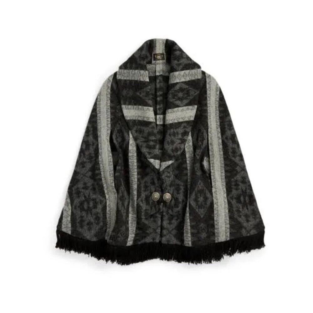 RRL Ralph Lauren Women’s Fringe Trim Wool Blend Jacquard Cape Shawl Coat XS / S - Picture 4 of 9
